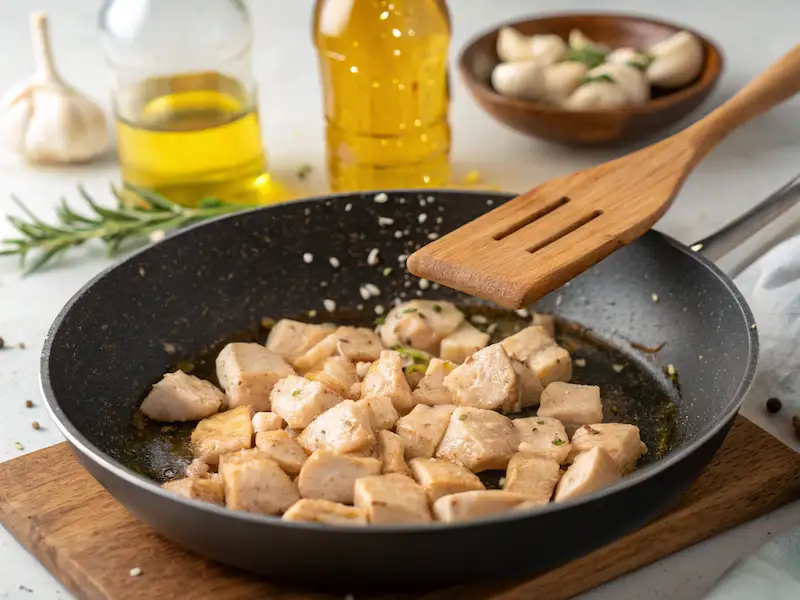 "Golden-brown chicken pieces cooking in a skillet with garlic for creamy chicken and broccoli pasta."