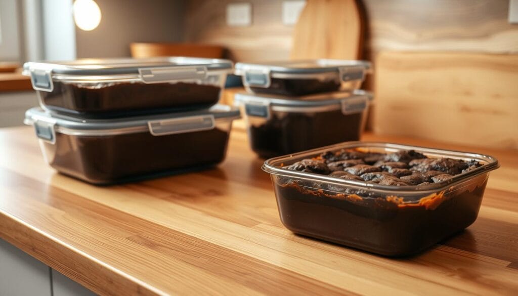 Prompt A wooden kitchen counter with a freshly baked chocolate cobbler, its warm, gooey texture inviting a closer look. Soft light from an overhead pendant casts a cozy glow, highlighting the cobbler's rich chocolate hue and the glossy sheen of its surface. Beside the cobbler, a set of airtight storage containers in various sizes, their lids slightly ajar, ready to preserve the dessert's flavor and texture. The counter is clean and uncluttered, allowing the cobbler and its storage options to take center stage, conveying a sense of thoughtful preparation and care for the delicious treat. Prompt A wooden kitchen counter with a freshly baked chocolate cobbler, its warm, gooey texture inviting a closer look. Soft light from an overhead pendant casts a cozy glow, highlighting the cobbler's rich chocolate hue and the glossy sheen of its surface. Beside the cobbler, a set of airtight storage containers in various sizes, their lids slightly ajar, ready to preserve the dessert's flavor and texture. The counter is clean and uncluttered, allowing the cobbler and its storage options to take center stage, conveying a sense of thoughtful preparation and care for the delicious treat.