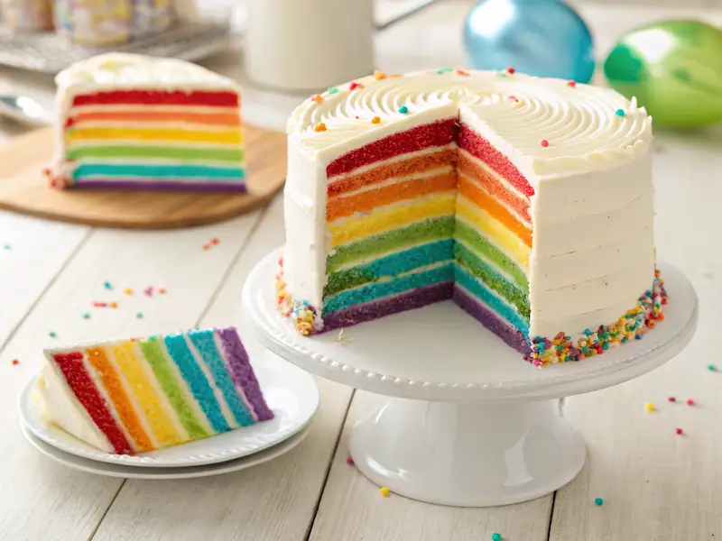 rainbow layer kids birthday cake with colorful layers and white buttercream frosting, displayed on a cake stand with subtle birthday decor in the background.