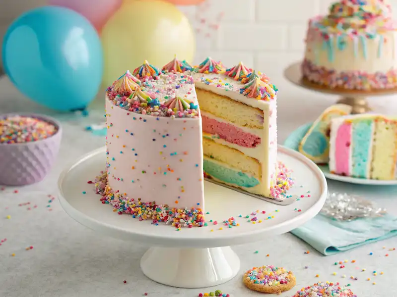 kids birthday cake featuring a Sprinkle Explosion Cake with colorful sprinkles spilling out from the inside, topped with vibrant buttercream frosting and festive decorations.
