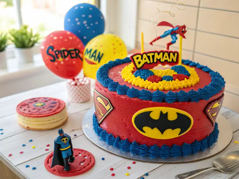 kids birthday cake decorated with superhero logos and vibrant buttercream frosting in red, blue, and yellow, set on a cake stand with superhero-themed decorations.