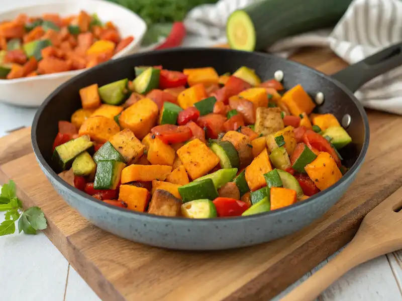 Colorful sweet potato hash with bell peppers and zucchini in a skillet – healthy paleo breakfast for children.