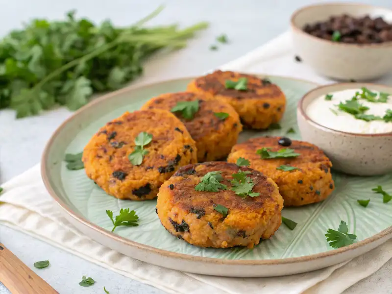 Golden brown Sweet Potato and Black Bean Patties served on a plate, offering a healthy, fiber-packed meal for toddlers—great for picky eaters.