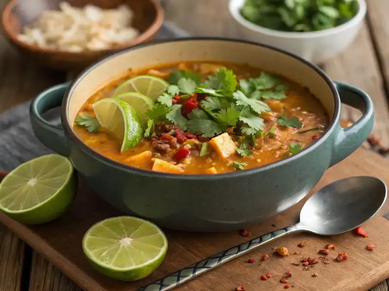 Finished coconut lime fish soup served in a bowl with cilantro and lime garnish