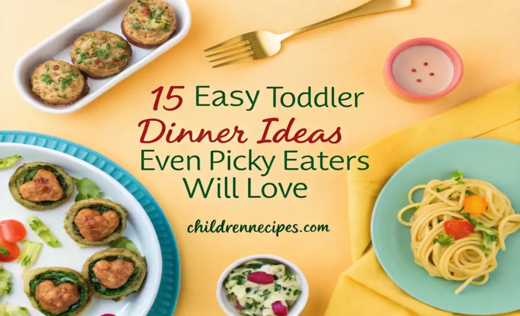 A light blue divided toddler plate on a wooden table holds two mini chicken sliders on soft buns, bright orange spiral pasta in tomato sauce, two broccoli florets and diced carrots, two mini broccoli-cheddar egg muffins, and a small mashed-potato tart. In the background are a matching bowl of dipping sauce and another bowl with three quinoa-and-veggie bites, plus a blue-handled toddler fork.