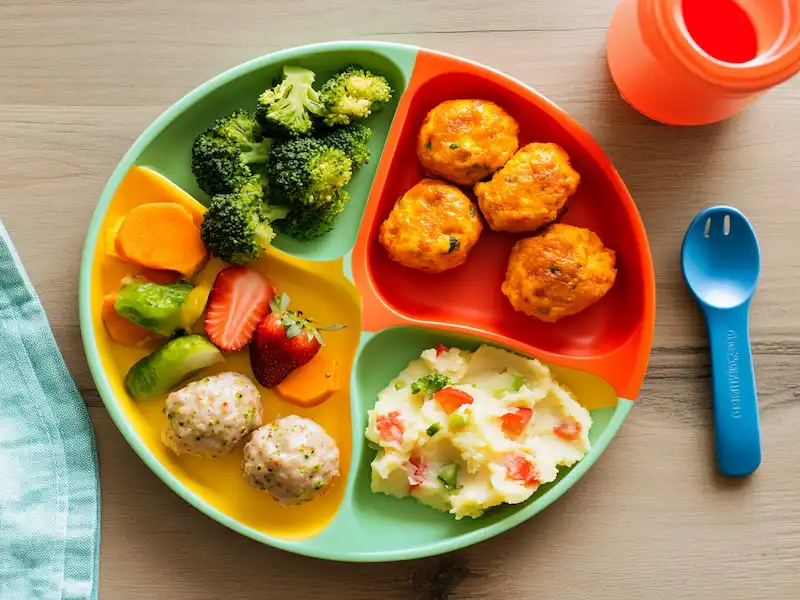 A colorful toddler plate with mini veggie frittatas, turkey meatballs, sweet potatoes, broccoli, and strawberries—perfectly portioned toddler friendly meals on a wooden table with a sippy cup.