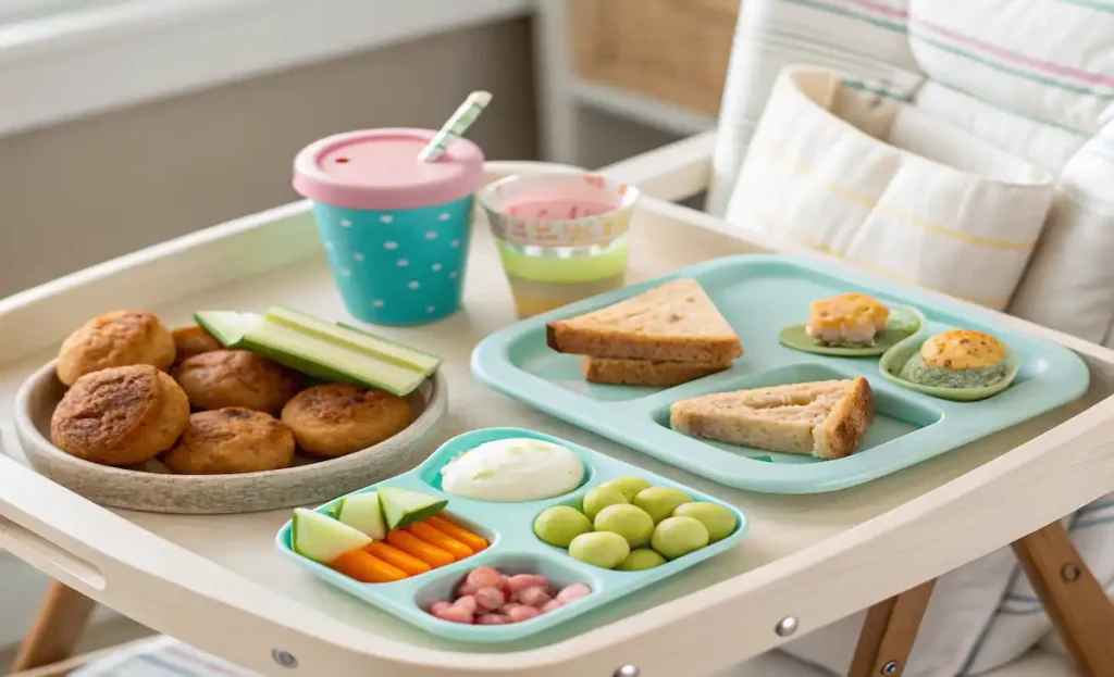 toddler snacks on a silicone plate with muffins, fruit, cheese, and cucumber—perfect mess-free toddler snack ideas at home.