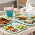 toddler snacks on a silicone plate with muffins, fruit, cheese, and cucumber—perfect mess-free toddler snack ideas at home.