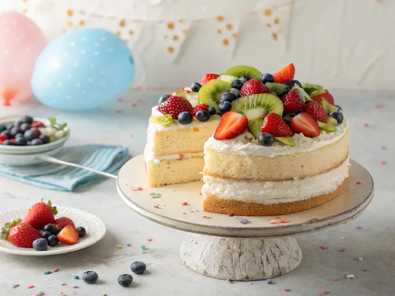 kids birthday cake made from a vanilla sponge, topped with fresh fruit like strawberries, blueberries, and kiwi, set on a cake stand with a festive background.