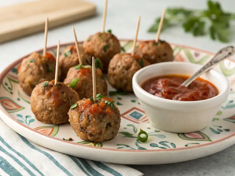 Juicy paleo meatballs loaded with finely chopped veggies – served in a kid-friendly bowl.