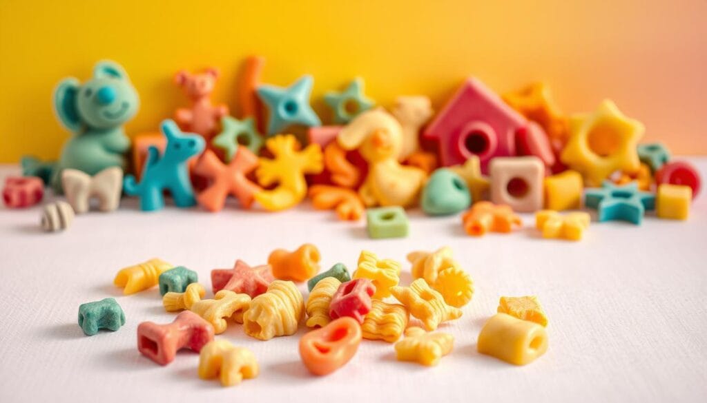 Vibrant assortment of whimsical pasta shapes for children, arranged playfully against a bright, cheerful backdrop. Detailed foreground features an array of fun, colorful pasta pieces in the shapes of animals, letters, and geometric forms, carefully sculpted and illuminated by soft, natural lighting. Middle ground showcases a handful of these creative pasta varieties scattered across a plain, textured surface, creating a sense of joy and discovery. Soft, muted background complements the vivid tones of the pasta, establishing an inviting, family-friendly atmosphere. Vibrant assortment of whimsical pasta shapes for children, arranged playfully against a bright, cheerful backdrop. Detailed foreground features an array of fun, colorful pasta pieces in the shapes of animals, letters, and geometric forms, carefully sculpted and illuminated by soft, natural lighting. Middle ground showcases a handful of these creative pasta varieties scattered across a plain, textured surface, creating a sense of joy and discovery. Soft, muted background complements the vivid tones of the pasta, establishing an inviting, family-friendly atmosphere.
