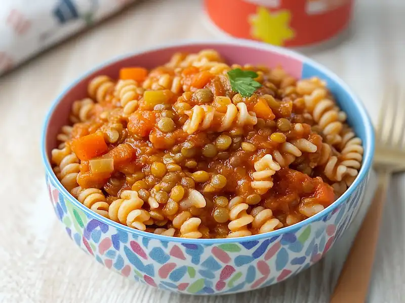A toddler bowl filled with whole wheat pasta and smooth lentil sauce — a hearty and wholesome example of toddler friendly meals.