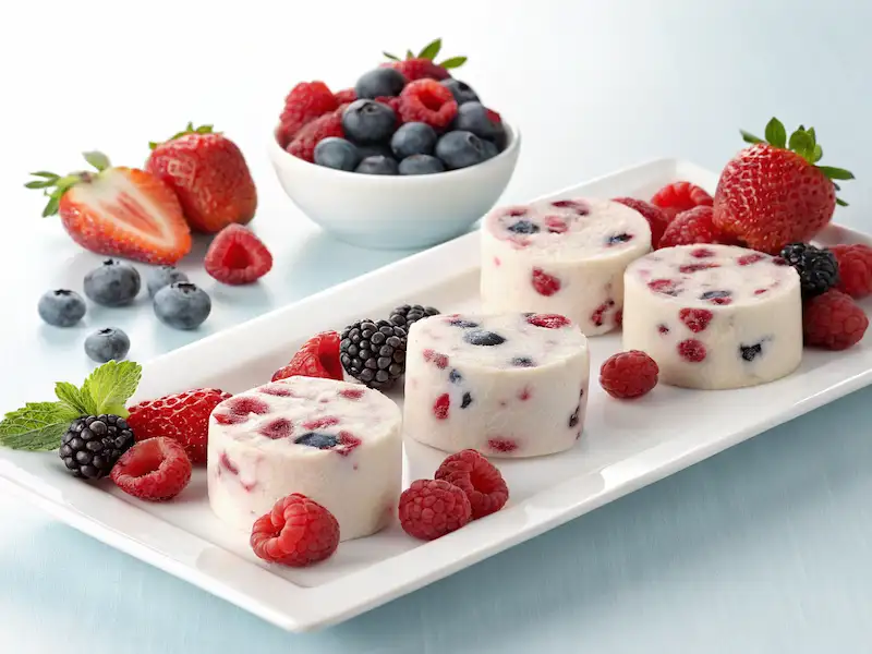 Yogurt & Berry Frozen Bites—cool, nutritious toddler snacks made with yogurt and fresh berries. Ideal for a quick, healthy treat.