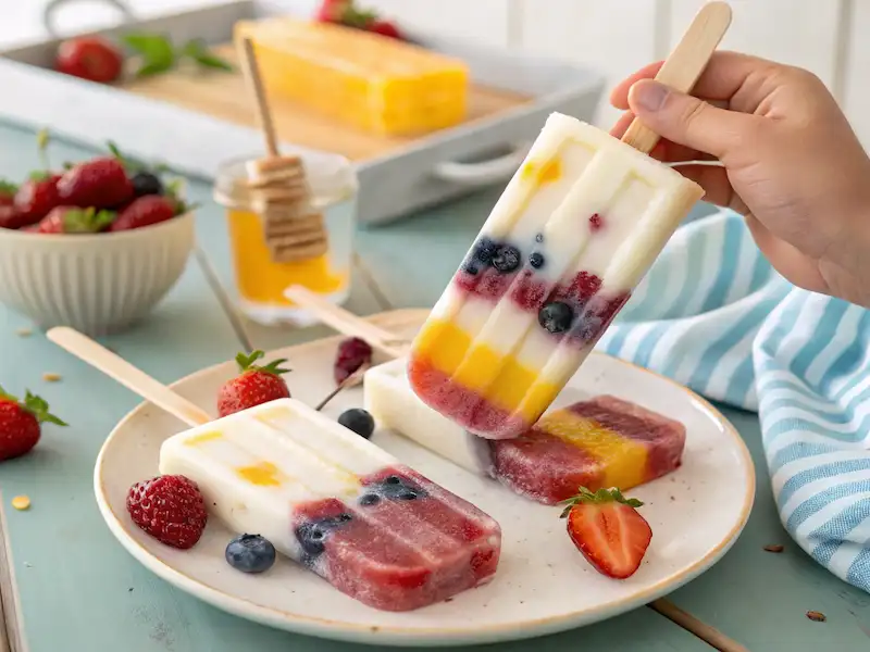 Colorful homemade yogurt popsicles with layers of fruit and yogurt, perfect for summer and one of the easy recipes for kids to make at home.