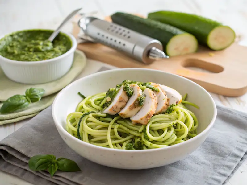 Spiralized zucchini noodles topped with grilled chicken and paleo pesto – fun paleo pasta alternative for kids.
