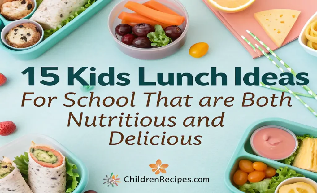 "15 kids lunch ideas for school including wraps, fruit skewers, pasta salad, bento boxes, and more, designed to be both nutritious and delicious."
