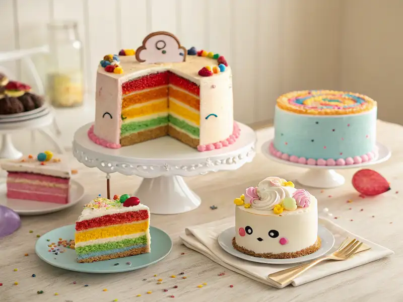 A collection of realistic kids birthday cakes, including a Rainbow Layer Cake, Animal Face Cake, and Number Cake, displayed on cake stands with festive decorations.