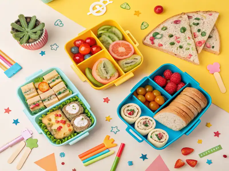 "Colorful and nutritious school lunch ideas displayed in fun lunchboxes—perfect inspiration for parents packing kids lunches."