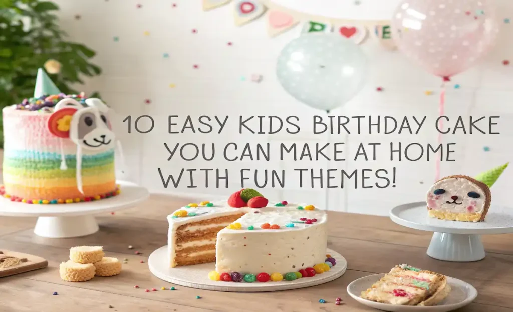 A selection of homemade kids birthday cakes, featuring a Rainbow Layer Cake, Number Cake, and Animal Face Cake, displayed with festive decorations and soft natural lighting.