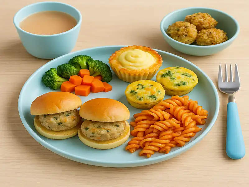 A pastel-blue toddler plate on a light wooden table features two bite-sized chicken sliders, a serving of twisted tomato-sauce pasta, two broccoli florets, diced carrots, two mini spinach-and-cheddar egg cups, and a small mashed-potato tart. Nearby sit a bowl of dipping sauce, a bowl with three grain-and-veggie balls, and a blue-handled toddler fork.