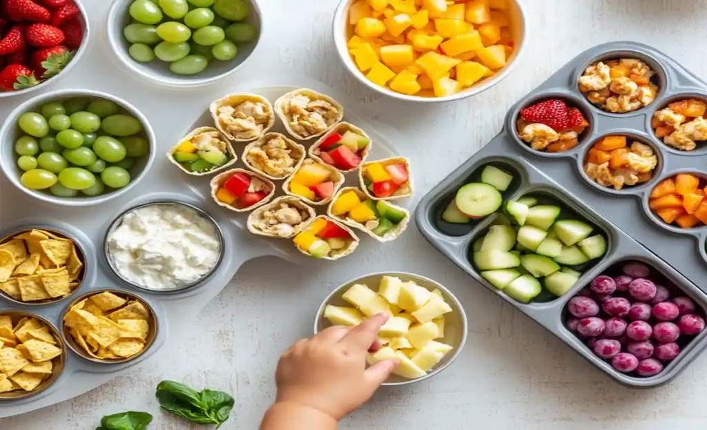 A colorful spread of toddler friendly meals including taco cups with chicken and veggies, fruit and cheese skewers, muffin tin meals with pasta and chicken, and smoothie bowls topped with fresh fruits and granola.