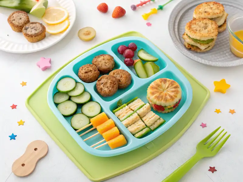 assortment of toddler snacks on a bright plate, featuring fun, nutritious options like fruit skewers, mini muffins, and sandwich bites.