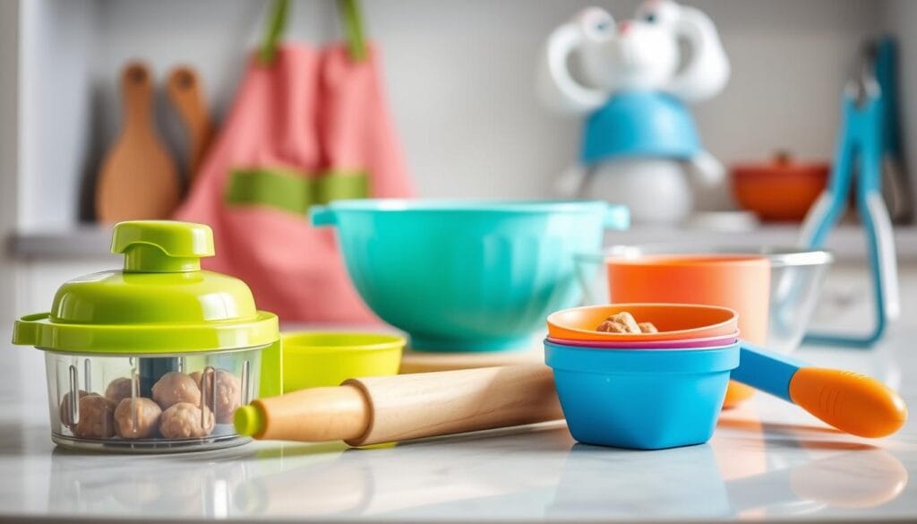 A brightly lit kitchen countertop, showcasing an assortment of toddler-friendly meatball preparation tools. In the foreground, a child-safe vegetable chopper, a plastic rolling pin, and a set of colorful silicone measuring cups. In the middle ground, a miniature apron and a sturdy plastic mixing bowl. In the background, a whimsical toddler-sized chef's hat and a set of soft, easy-grip tongs. The scene conveys a sense of playful culinary exploration, perfect for a child-focused meatball recipe. A brightly lit kitchen countertop, showcasing an assortment of toddler-friendly meatball preparation tools. In the foreground, a child-safe vegetable chopper, a plastic rolling pin, and a set of colorful silicone measuring cups. In the middle ground, a miniature apron and a sturdy plastic mixing bowl. In the background, a whimsical toddler-sized chef's hat and a set of soft, easy-grip tongs. The scene conveys a sense of playful culinary exploration, perfect for a child-focused meatball recipe.