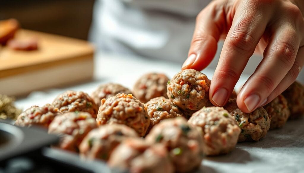 A close-up shot of a chef's hands carefully forming moist, tender meatballs using a gentle touch. The meatballs are made with a blend of ground beef and pork, seasoned with aromatic herbs and spices. The hands work the mixture, shaping each ball with care, ensuring a uniform size and texture. Soft, natural lighting illuminates the scene, highlighting the finely textured surface of the meatballs. The background is blurred, placing the focus entirely on the delicate meatball-making process, conveying a sense of expertise and attention to detail. A close-up shot of a chef's hands carefully forming moist, tender meatballs using a gentle touch. The meatballs are made with a blend of ground beef and pork, seasoned with aromatic herbs and spices. The hands work the mixture, shaping each ball with care, ensuring a uniform size and texture. Soft, natural lighting illuminates the scene, highlighting the finely textured surface of the meatballs. The background is blurred, placing the focus entirely on the delicate meatball-making process, conveying a sense of expertise and attention to detail.